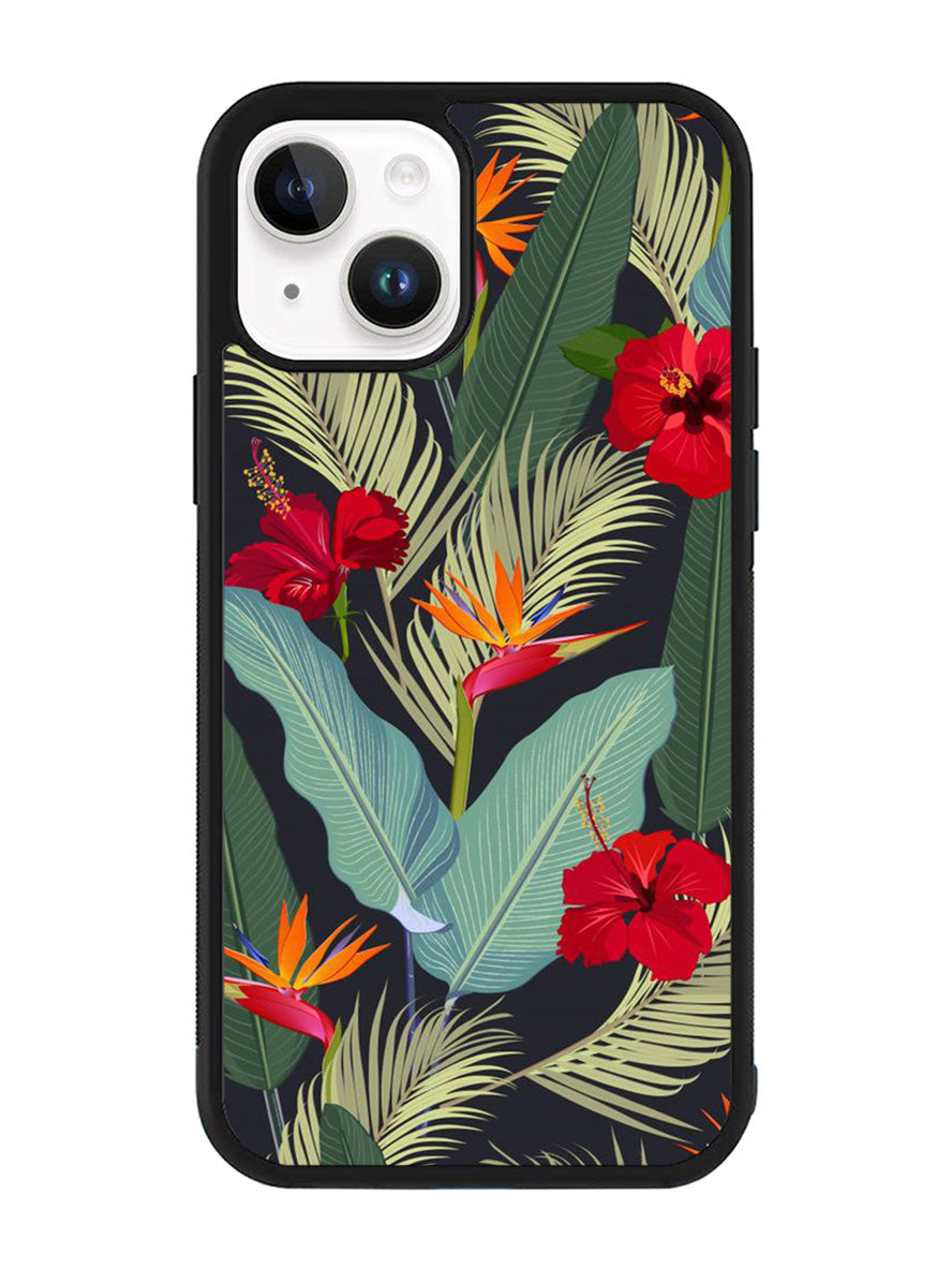 pattern tropical leaves with red hibiscus flower and bird of paradise iPhone 14 Case QC10790
