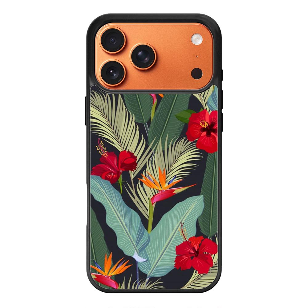 pattern tropical leaves with red hibiscus flower and bird of paradise iPhone 17 Pro Max Case QC10790