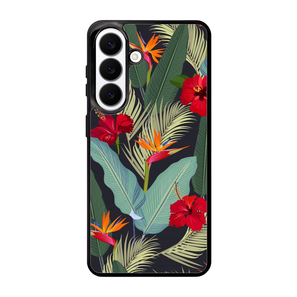 pattern tropical leaves with red hibiscus flower and bird of paradise Samsung Galaxy S26 Case QC10790