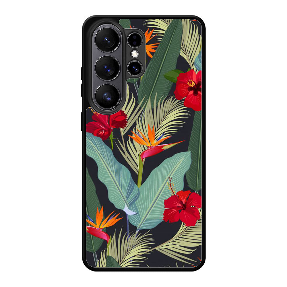 pattern tropical leaves with red hibiscus flower and bird of paradise Samsung Galaxy S26 Ultra Case QC10790