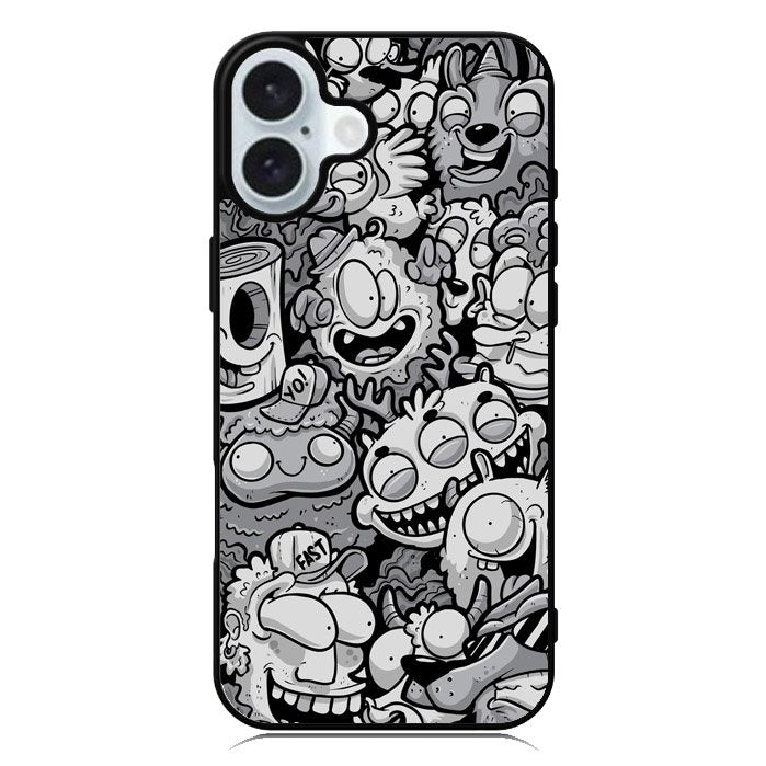 Black Doodle iPhone 16 Case QC9476