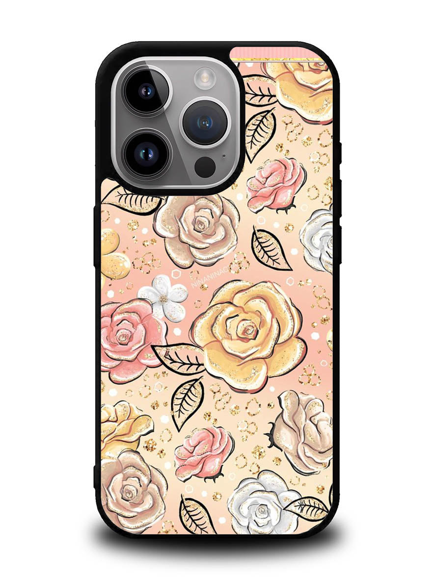 Gold Glitter Flowers iPhone 15 Pro Case OV5906