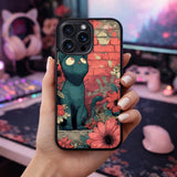 Cat And Flowers Brick Wall Illustration Case Cover Protective for iPhone, Samsung & Google Pixel HE0160