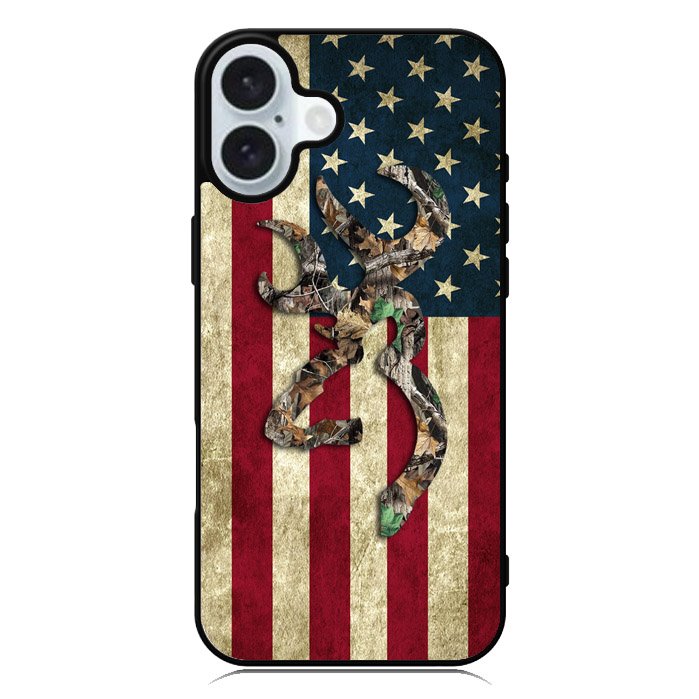 Browning Deer Real Tree Camo USA Flag iPhone 16 Case
