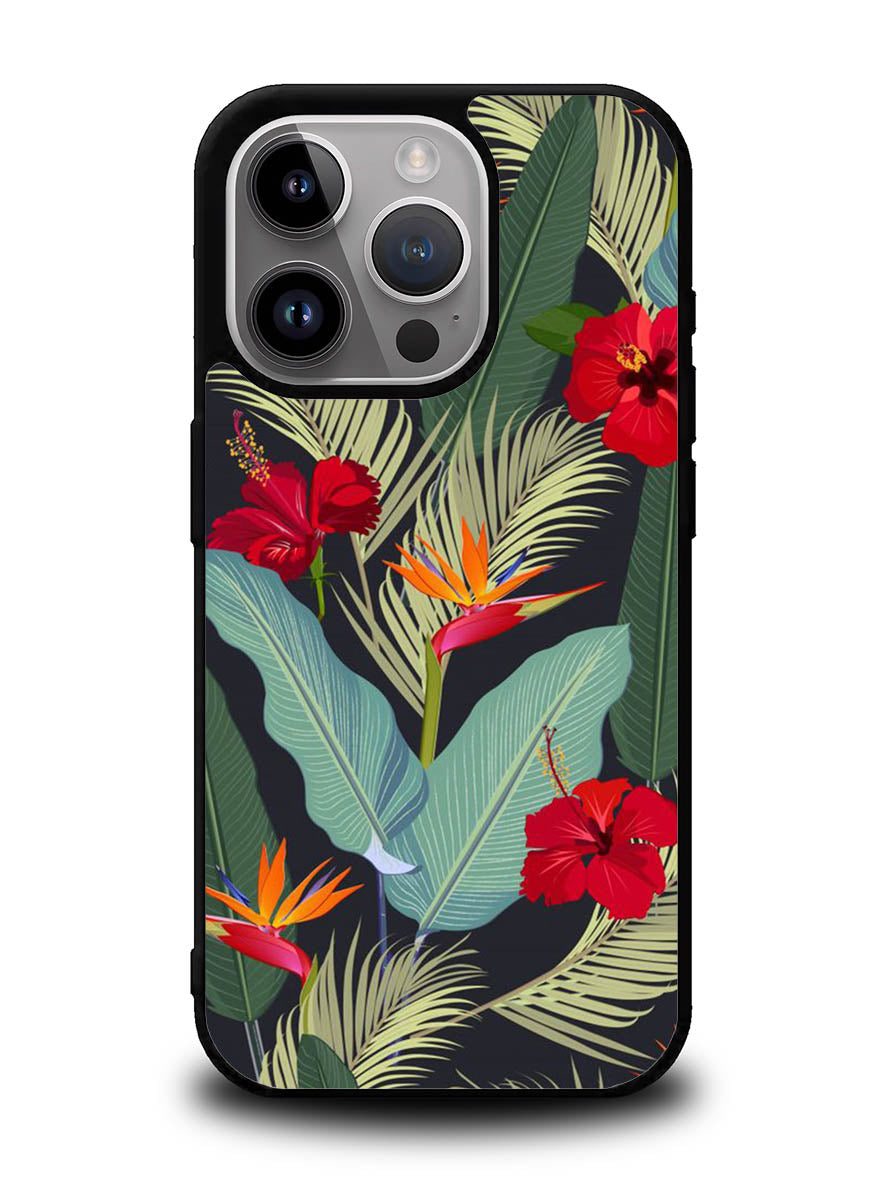 pattern tropical leaves with red hibiscus flower and bird of paradise iPhone 15 Pro Max Case OV10790